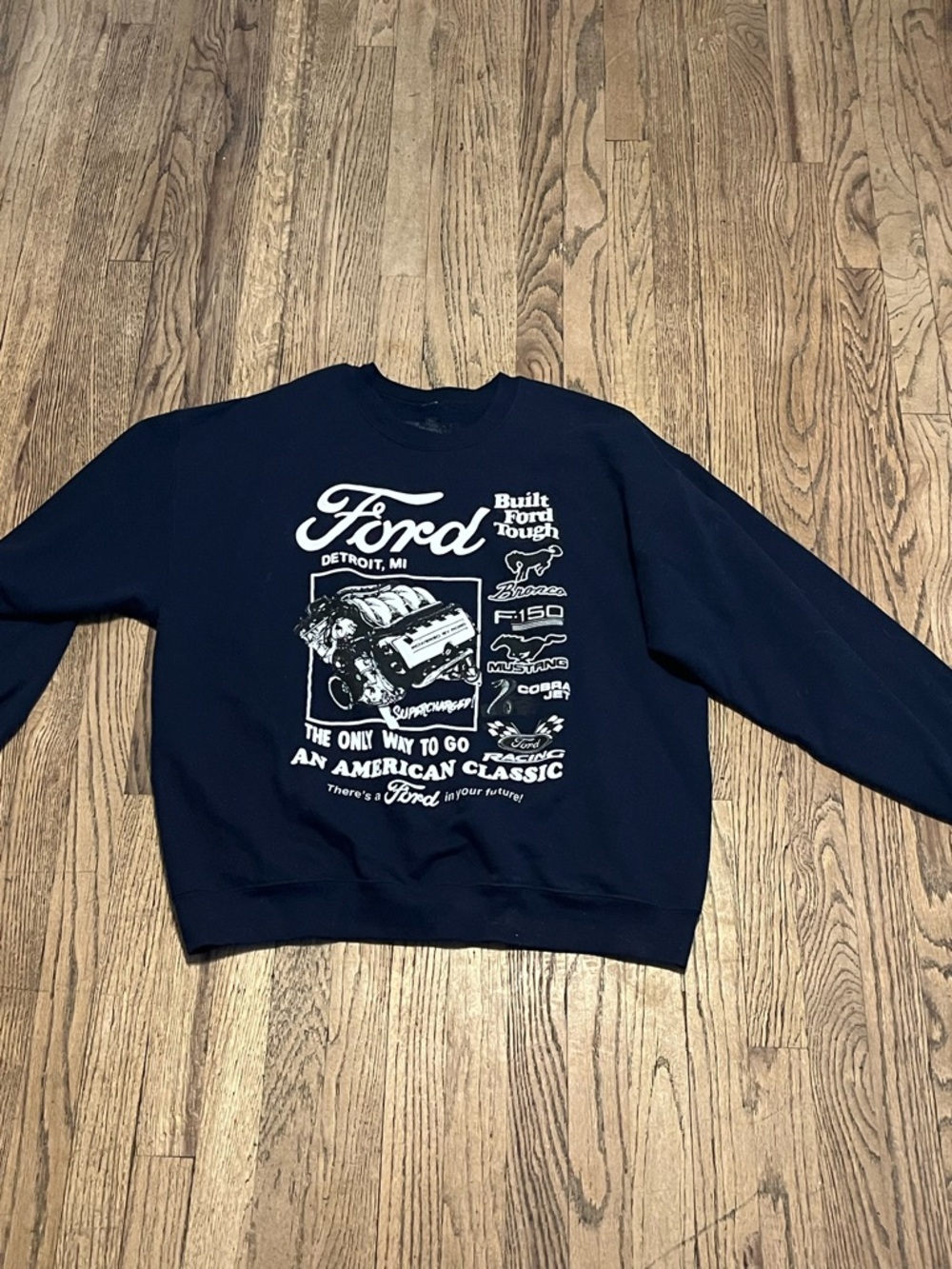 Ford Navy Crewneck Sweatshirt with White Automotive Graphic